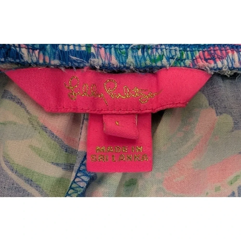 Lilly Pulizer Women's Large Shorts Blue Pink Coastal Flowy Classic Elastic Waist